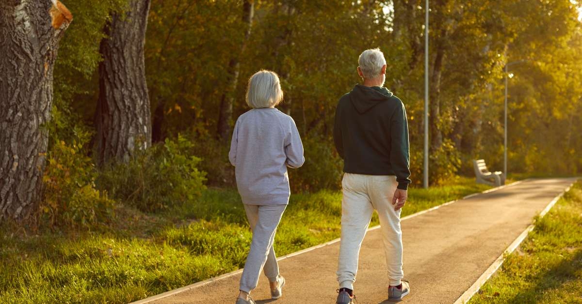senior couple enjoy walking outdoor
