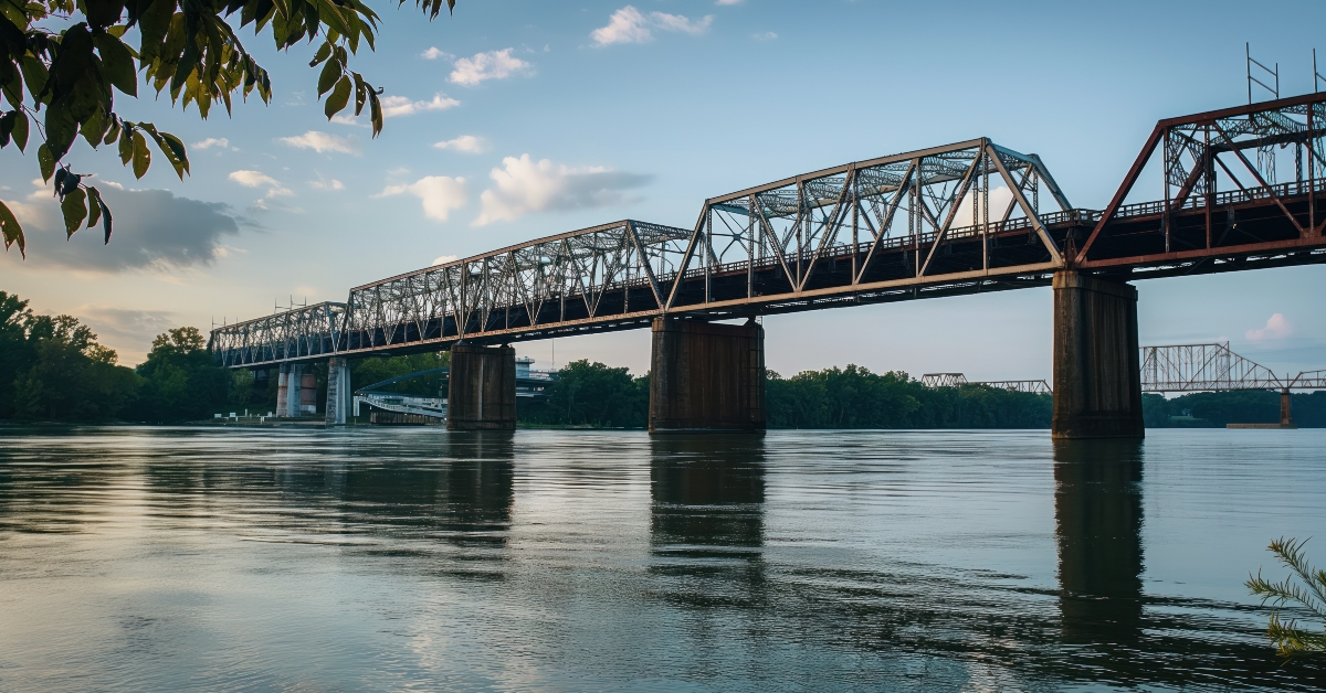 Decatur Alabama cityscape with Steamboat Bill Bridge over Tennessee River