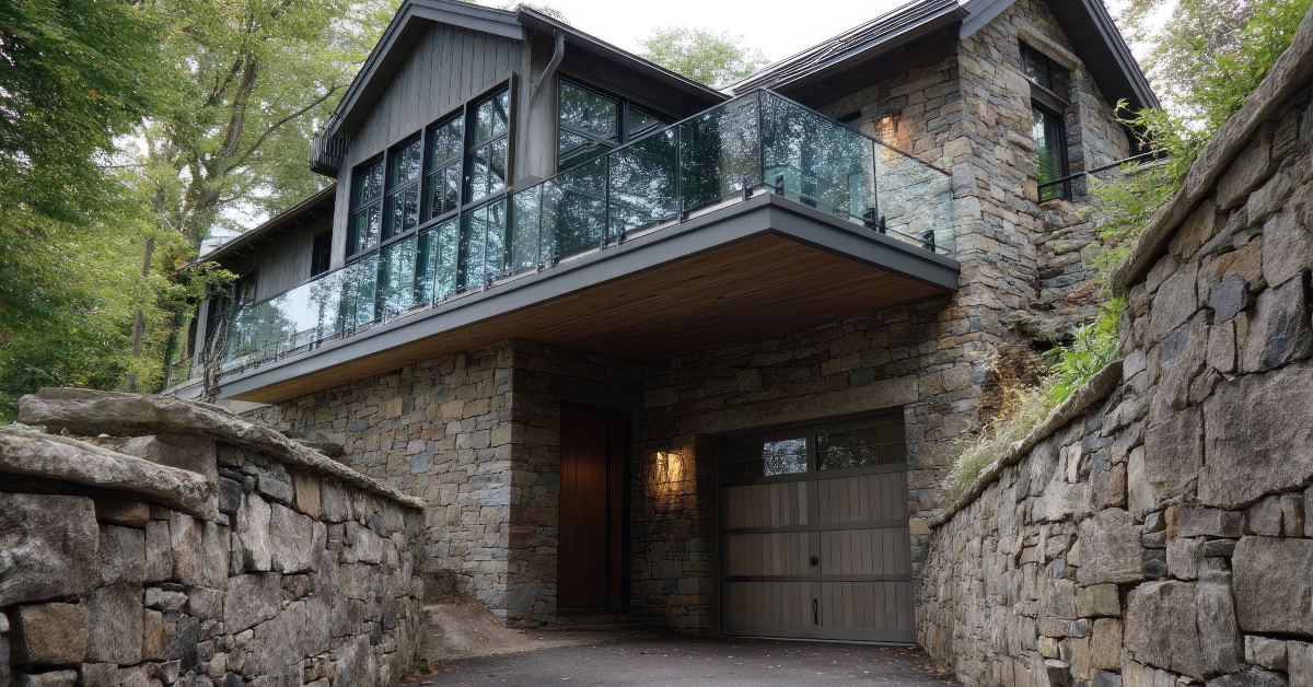 Glass balcony above garage and stone retaining wall