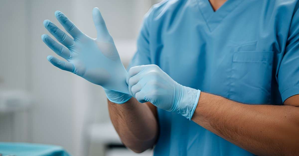 A surgeon putting on sterile gloves