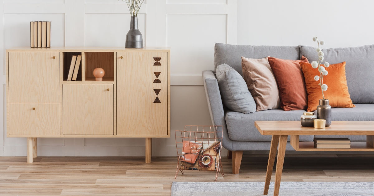 sofa with pillows in beautiful living room interior