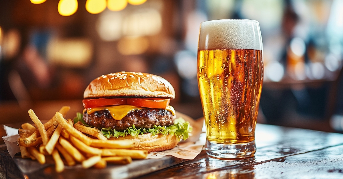 A classic burger and fries meal is served