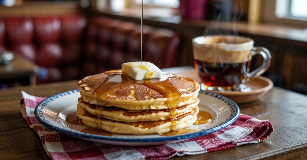 A diner serves classic pancakes with syrup on top