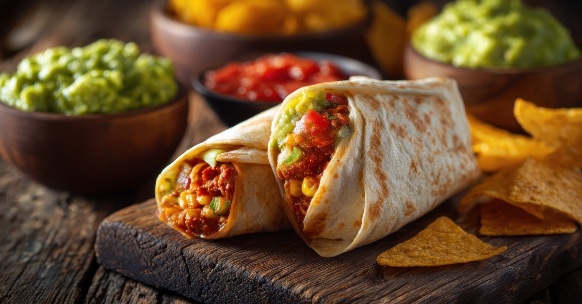 Deliciously Colorful Burritos on Rustic Board, with Dips and Tortilla Chips