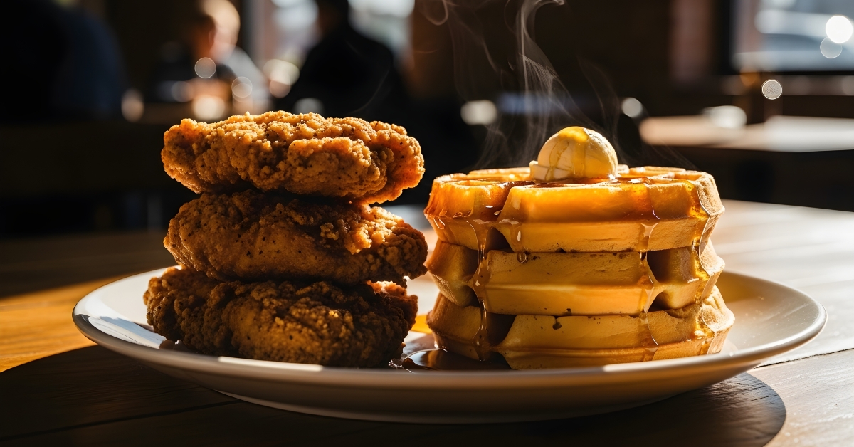 Crispy Chicken Waffles Brunch at the table
