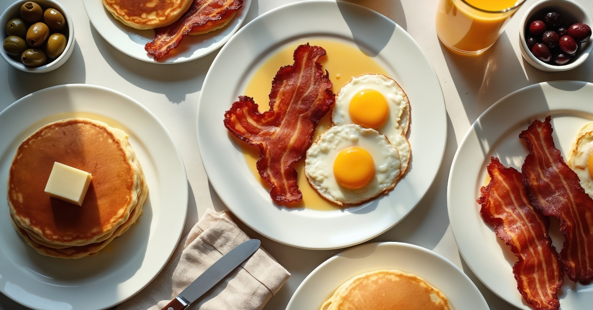 fried eggs and crispy bacon on white plates