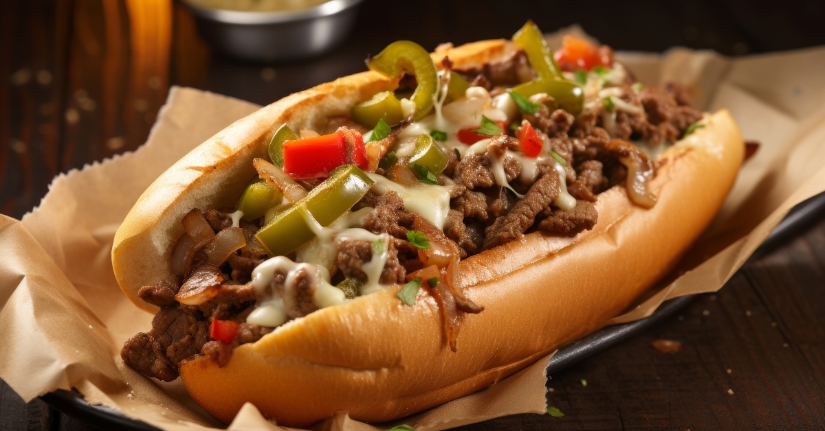 Close-up view of sizzling and flavorful Philly cheesesteak