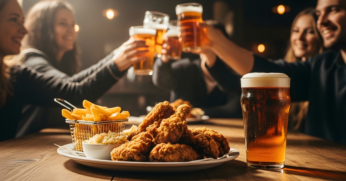 Friends toasting beer with pub food