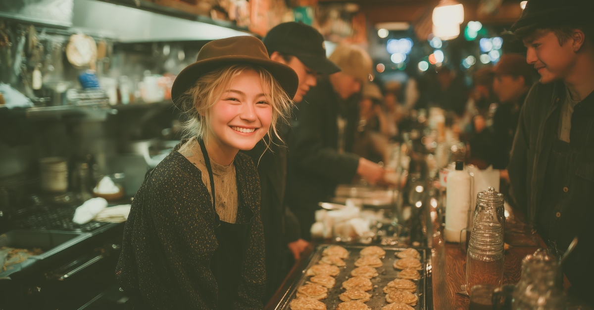 Moody late-night diner scene with a smiling young woman