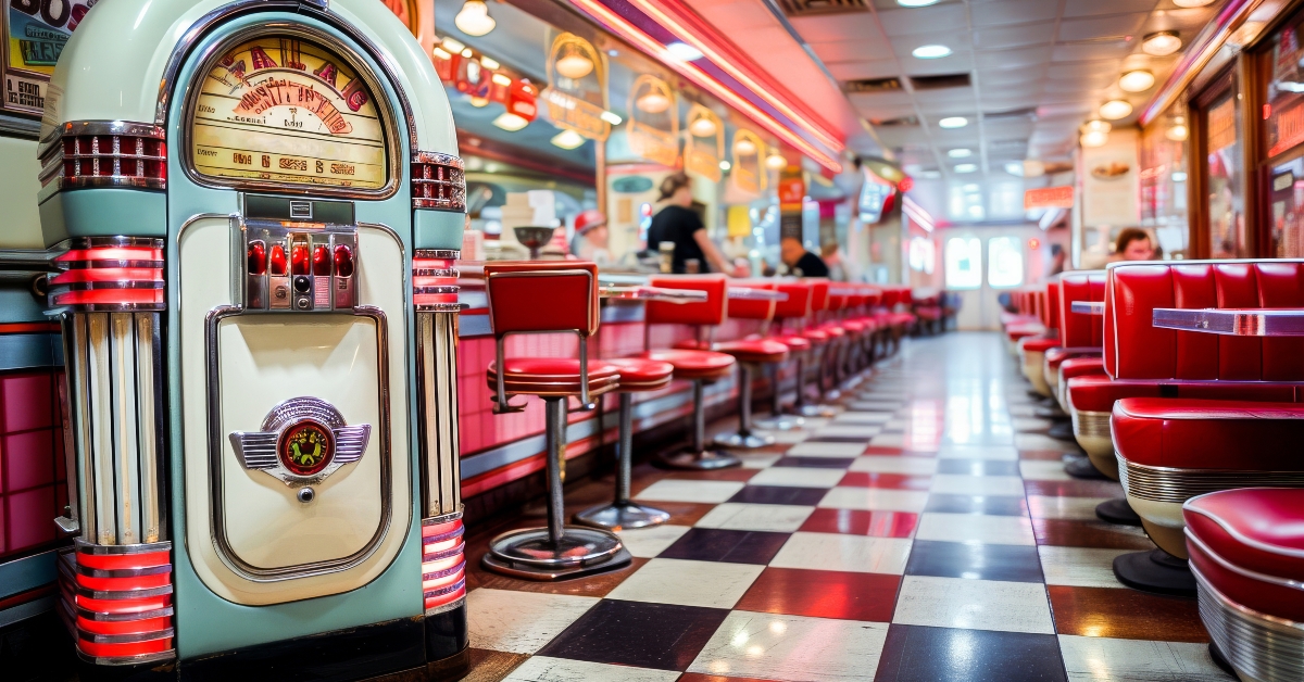 Classic American diner with red leather seats