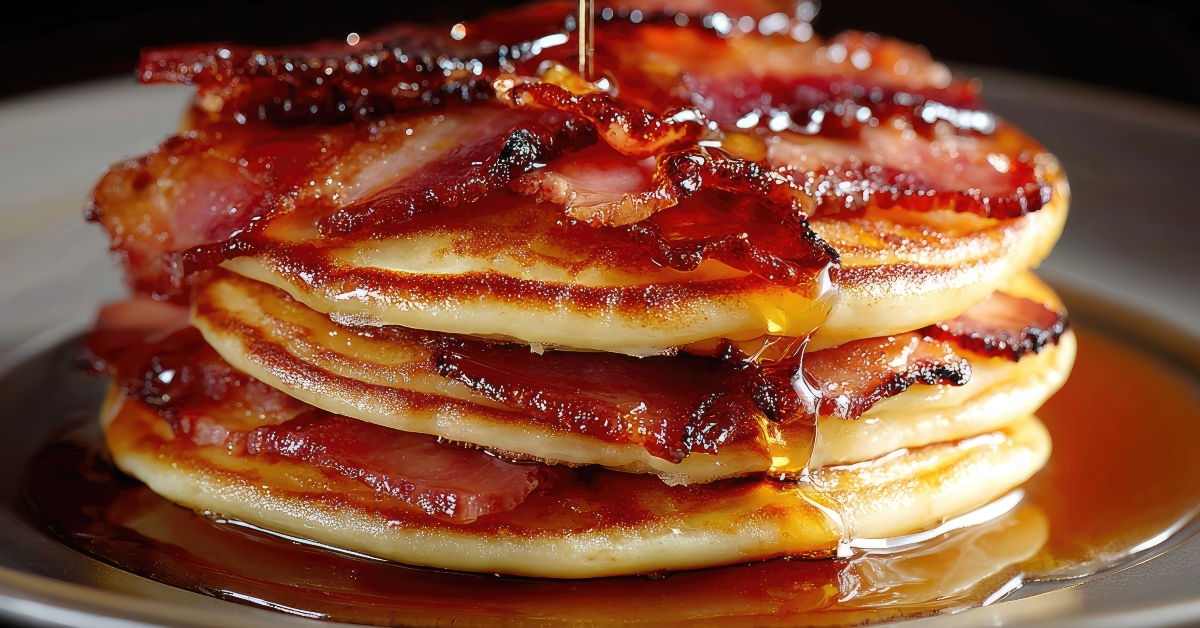 pancakes topped with crispy bacon, drizzled with syrup