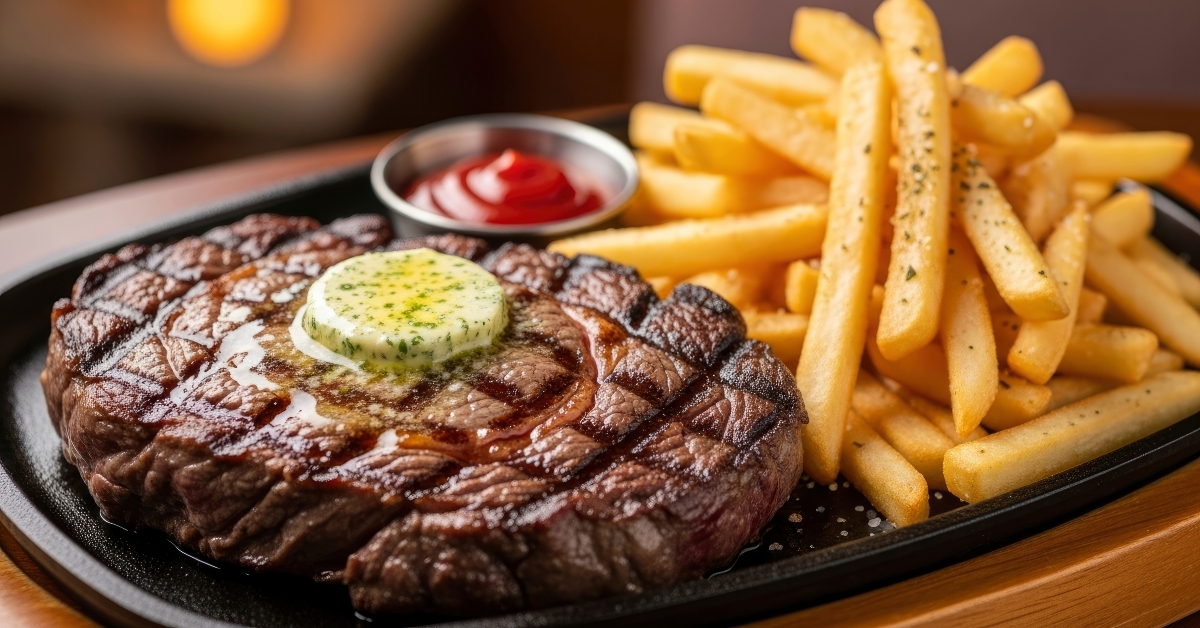 Steak with a pat of butter served with fries and ketchup