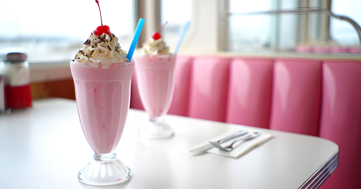 Delicious strawberry milkshake with whipped cream