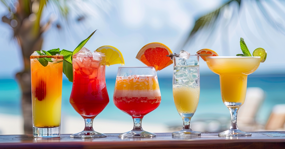 Tropical cocktails lined up at beach bar