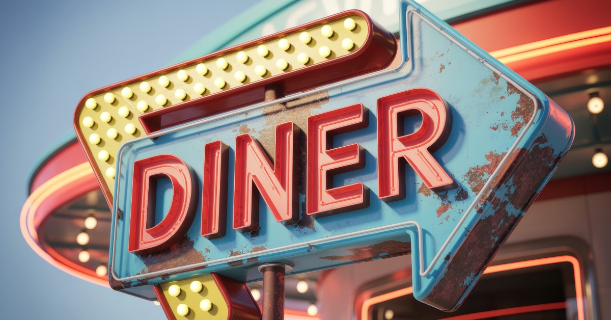 Vintage Diner Sign Illuminated with Retro Neon Lights Inviting Guests