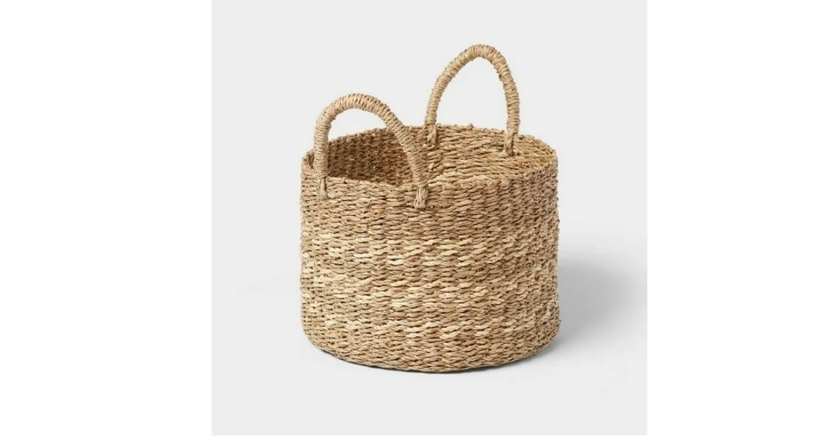 seagrass and palm leaf striped basket