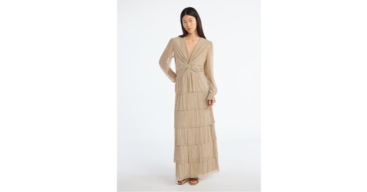 scoop glitter ruffle maxi dress