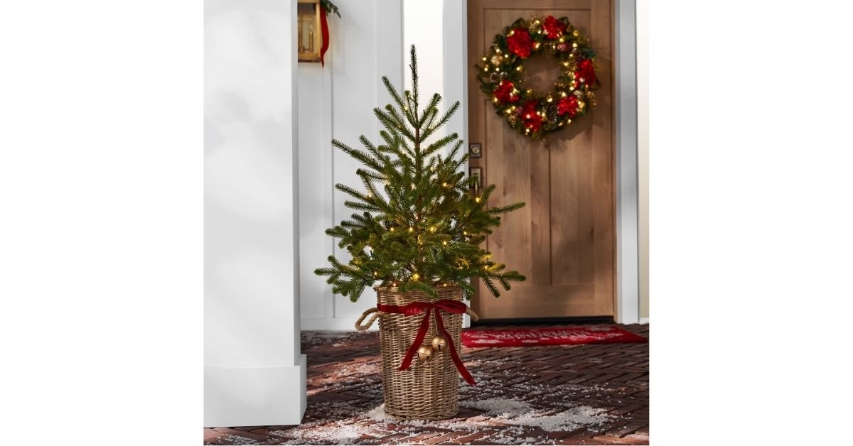 pre-lit topiary in woven basket