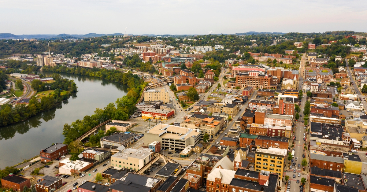 Aerial Perspective Over The Riverfront Downtown City