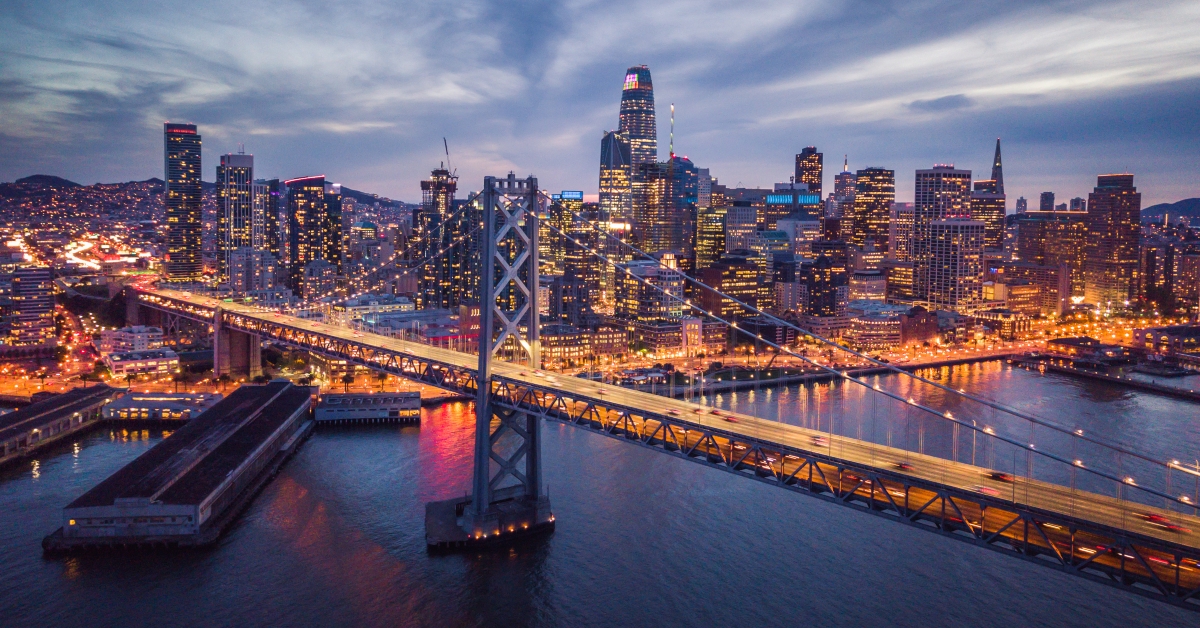 aerial view of san francisco at night