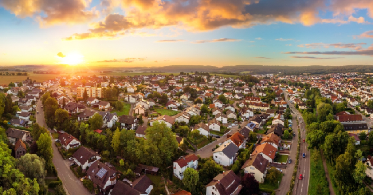 aerial panorama of a small town