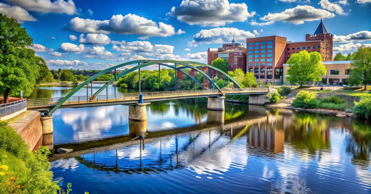 waterfront scene of downtown Eau Claire, Wisconsin