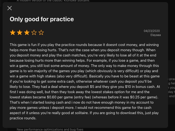 screenshot of solitaire cube user review