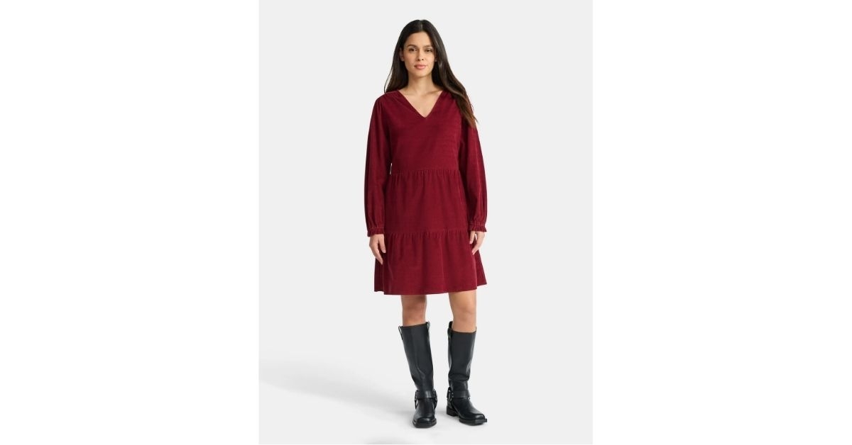 womens tiered corduroy dress with long sleeves