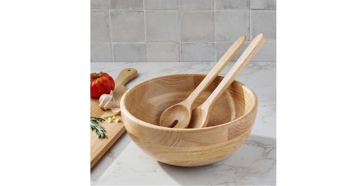 rubber wood salad bowl with servers