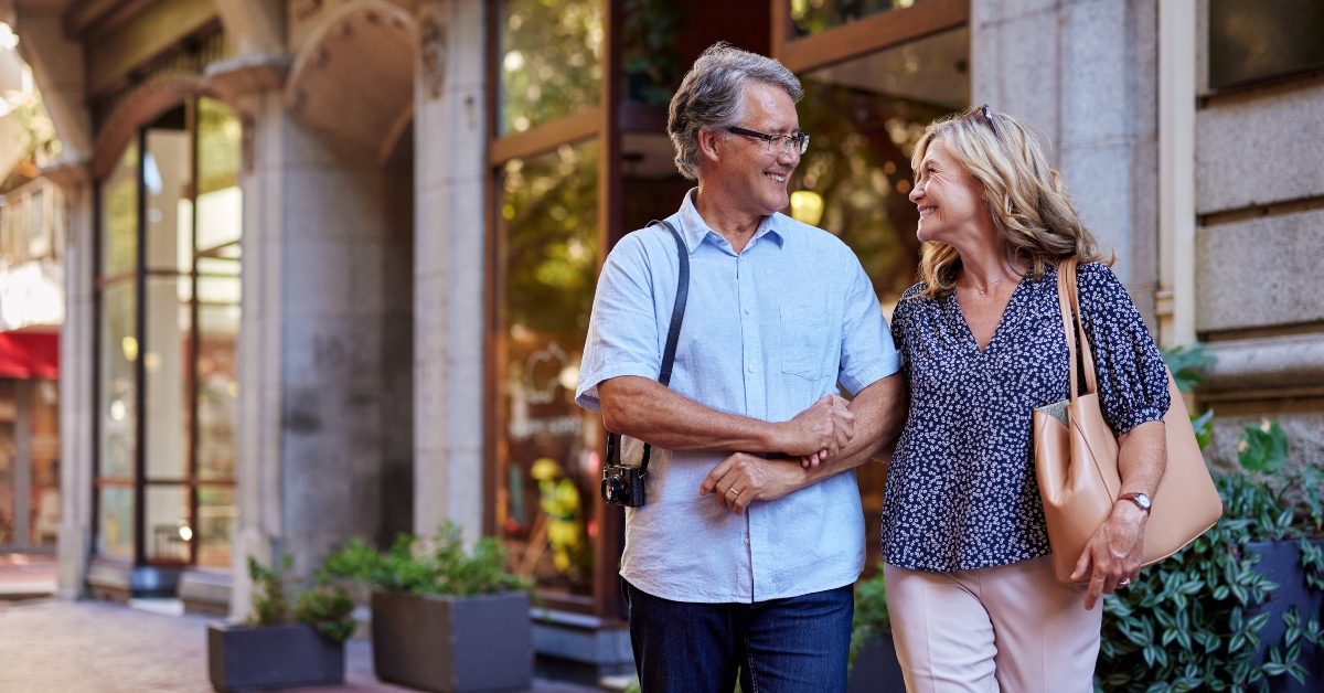 middle aged couple walking together
