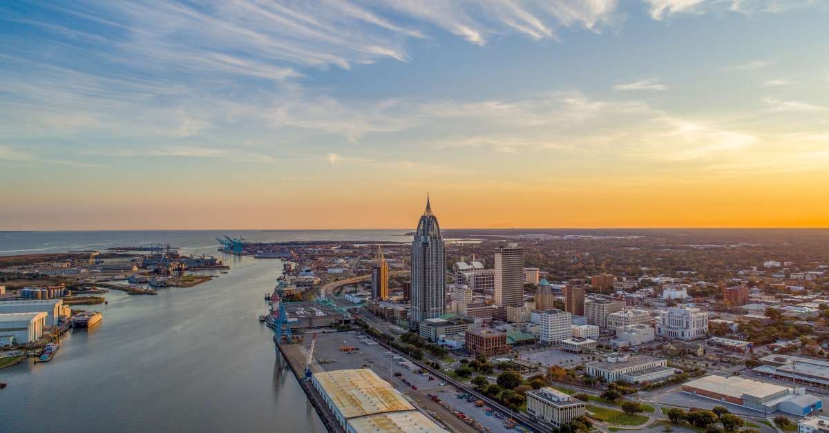 alabama waterfront skyline at sunset