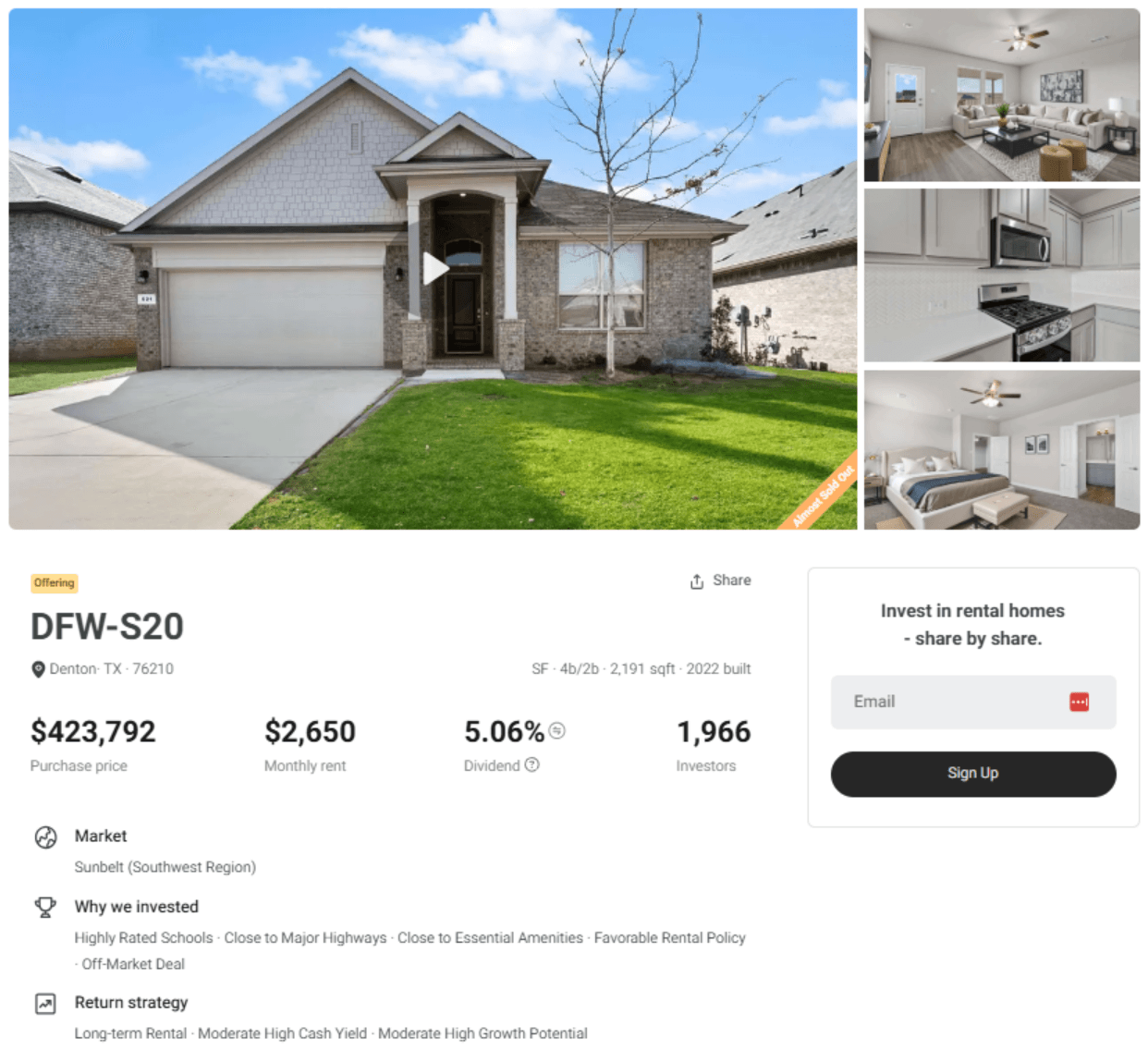 Screenshot of Ark7 website showing available property with purchase price, number of investors, dividends, and more.