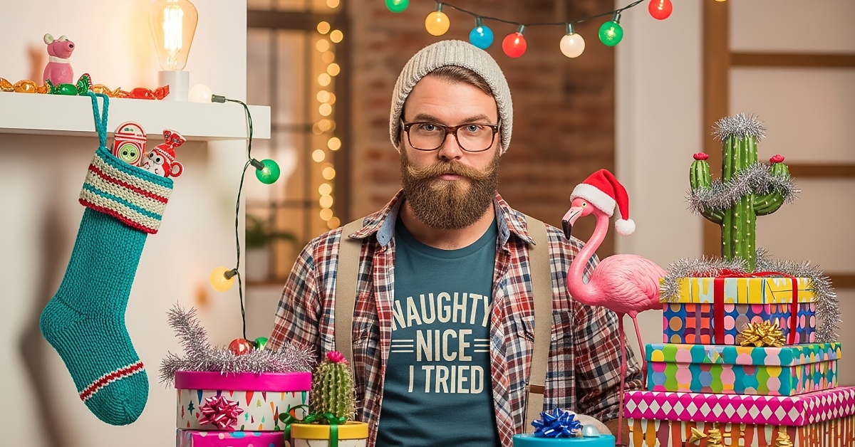 hipster man celebrating quirky christmas