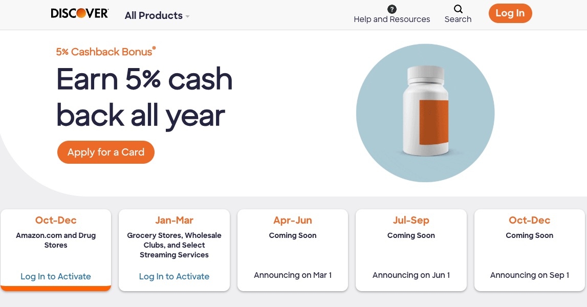 screenshot of the discover cashback calendar