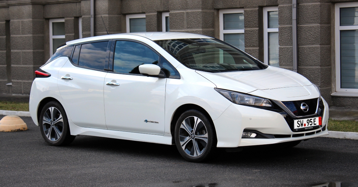 white electric car nissan leaf