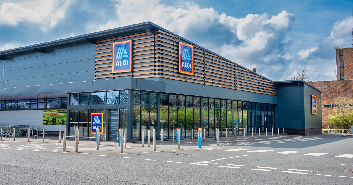 Aldi supermarket shop front with logo