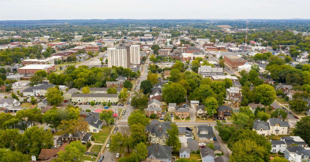 overcast day aerial view over the urban downtown area