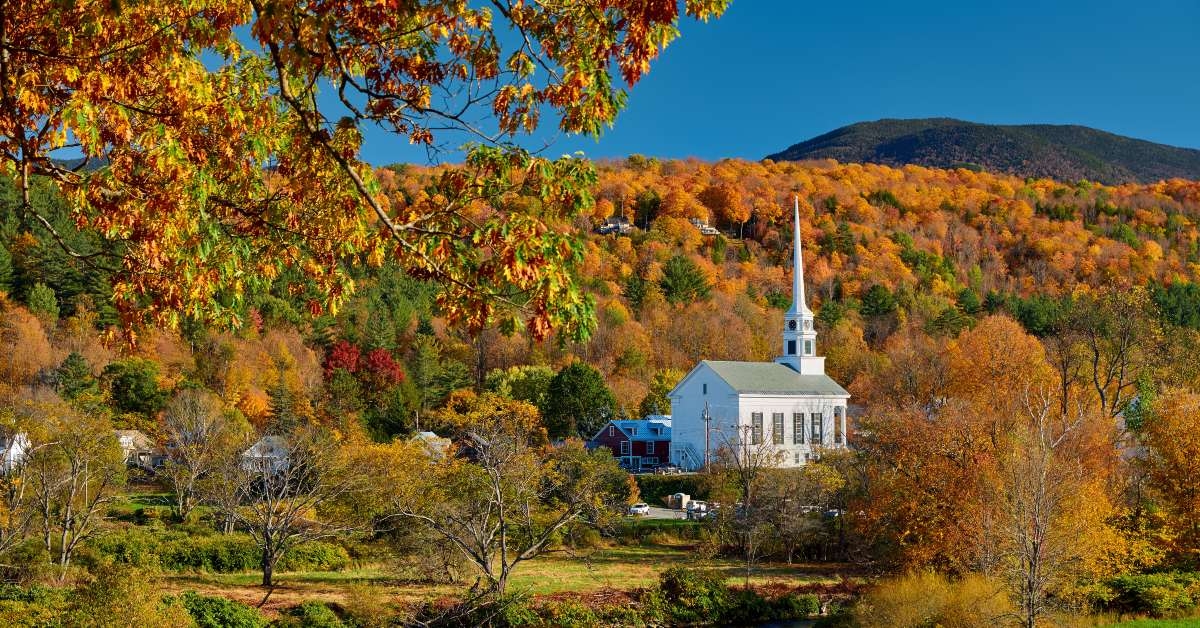 iconic new england church in stowe town at autumn in vermont usa 