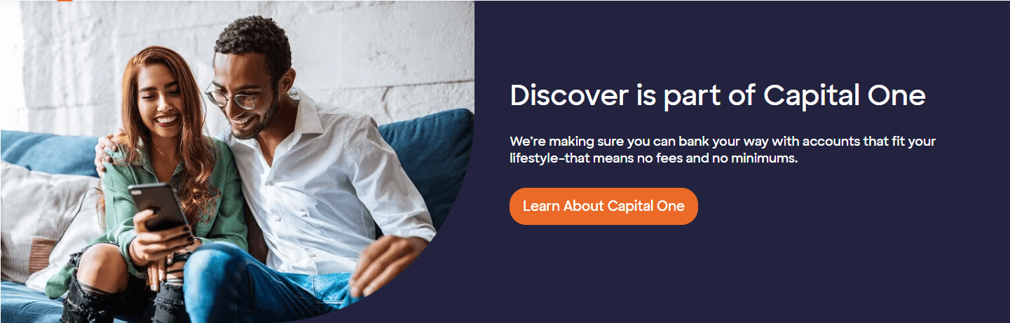 Screenshot of Discover banking site showing "Learn About Capital One" button