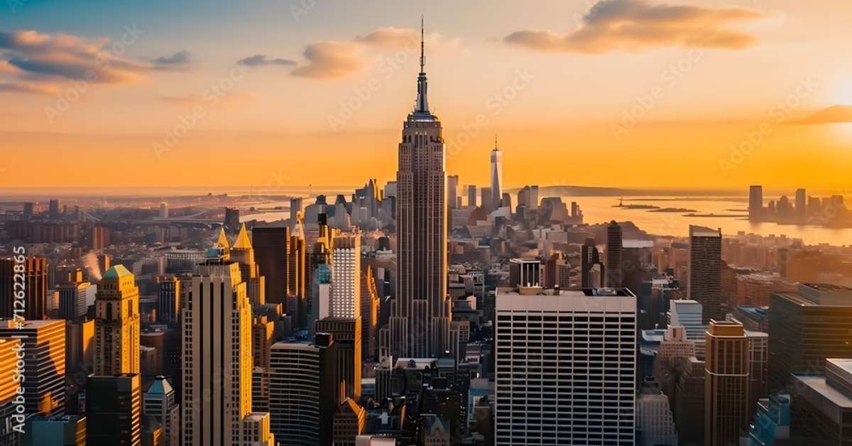 sunset aerial view of empire state building spire
