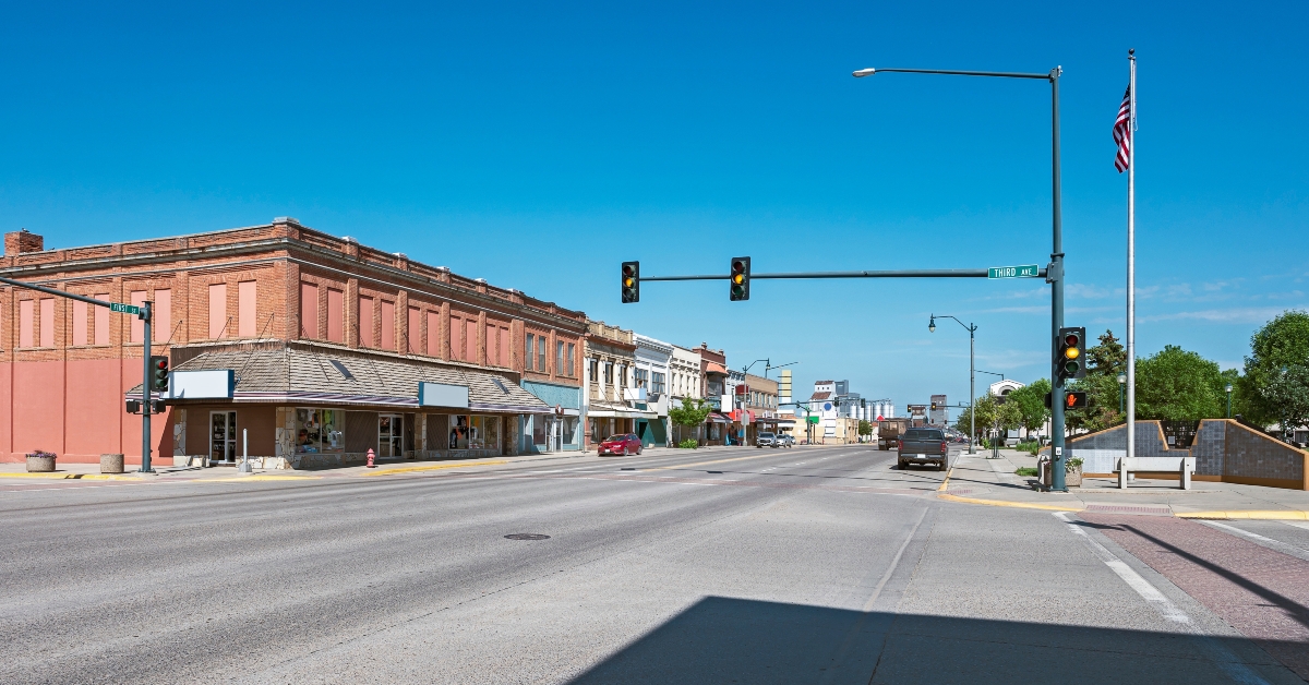 Distant view of First Street in downtown Havre, Montana, USA