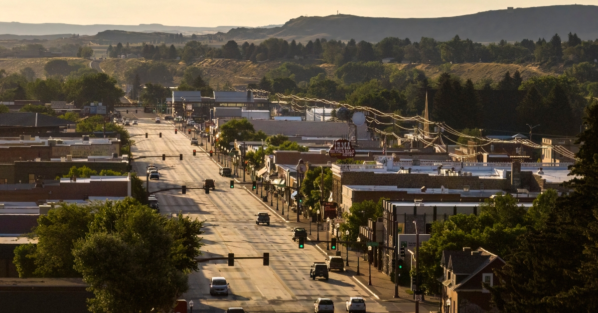 Morning Drone View of Downtown Cody, Wyoming