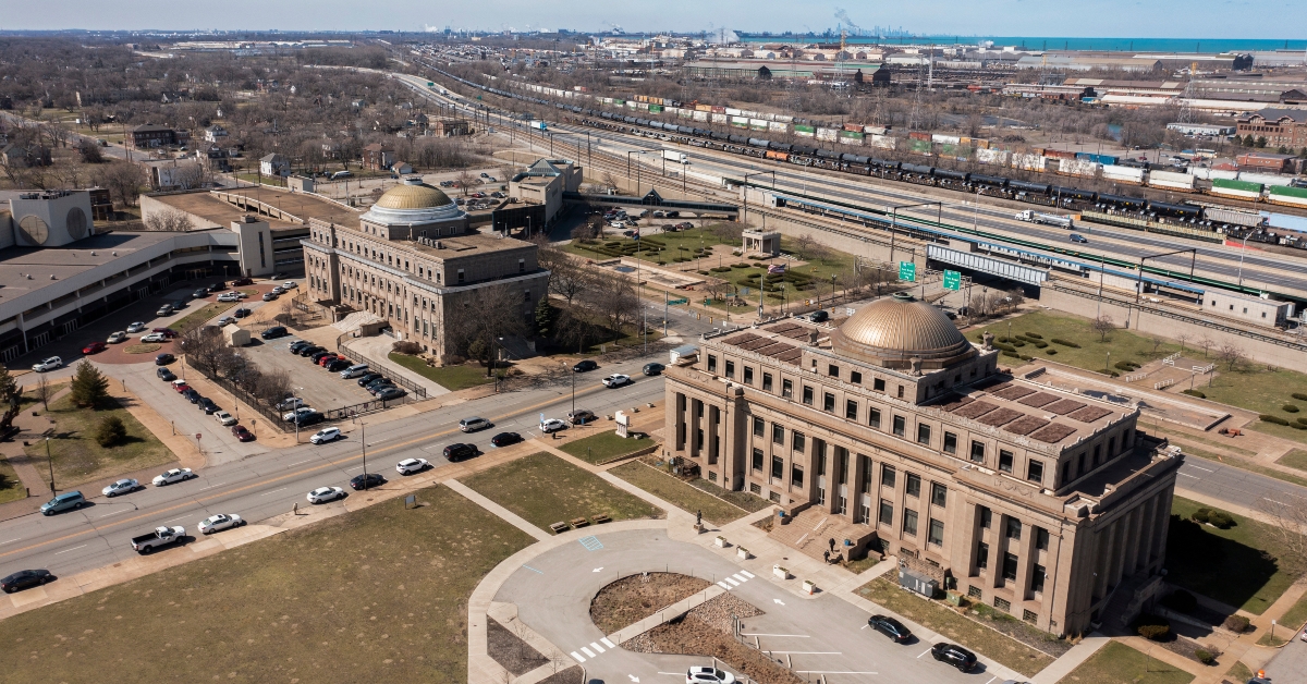Afternoon aerial view of downtown Gary, Indiana