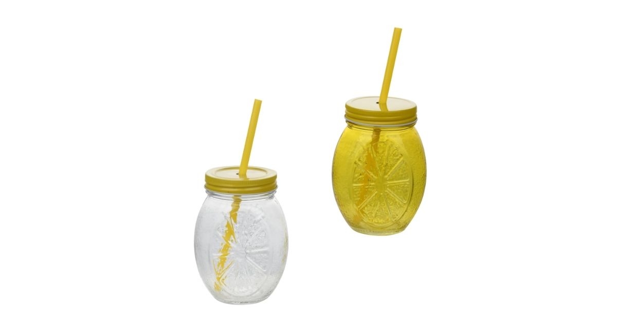 lemon themed jar with lid and straw