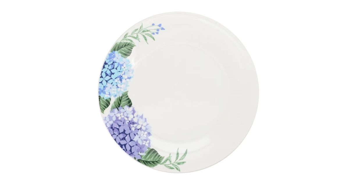 blue hydrangea printed white stoneware plate