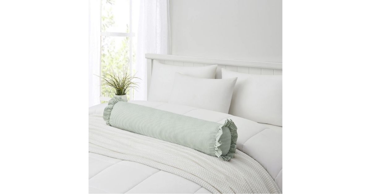 green striped ruffle bolster decorative pillow