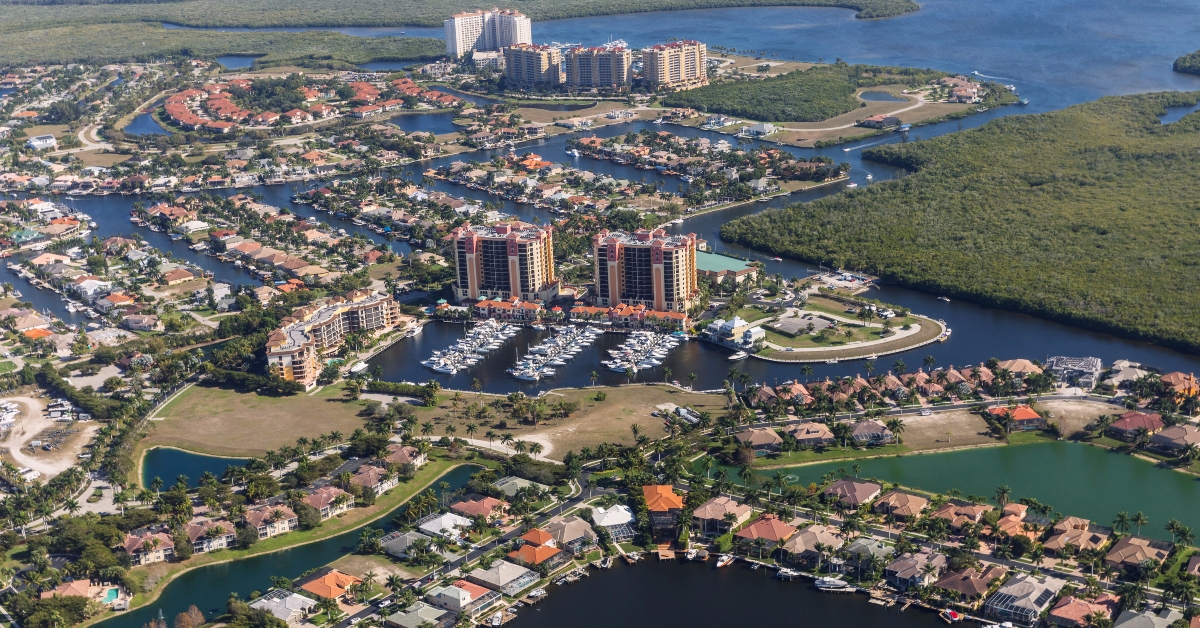 Aerial view of city and gulf Cape Coral, Florida