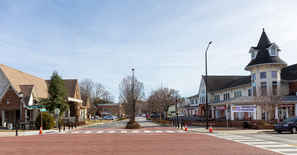 Wide angle view down Matthews Station Street