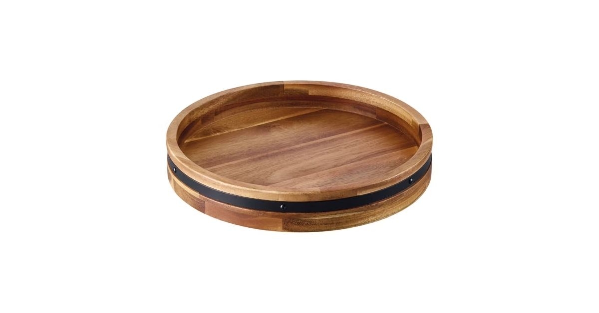 wooden lazy susan with metal rim