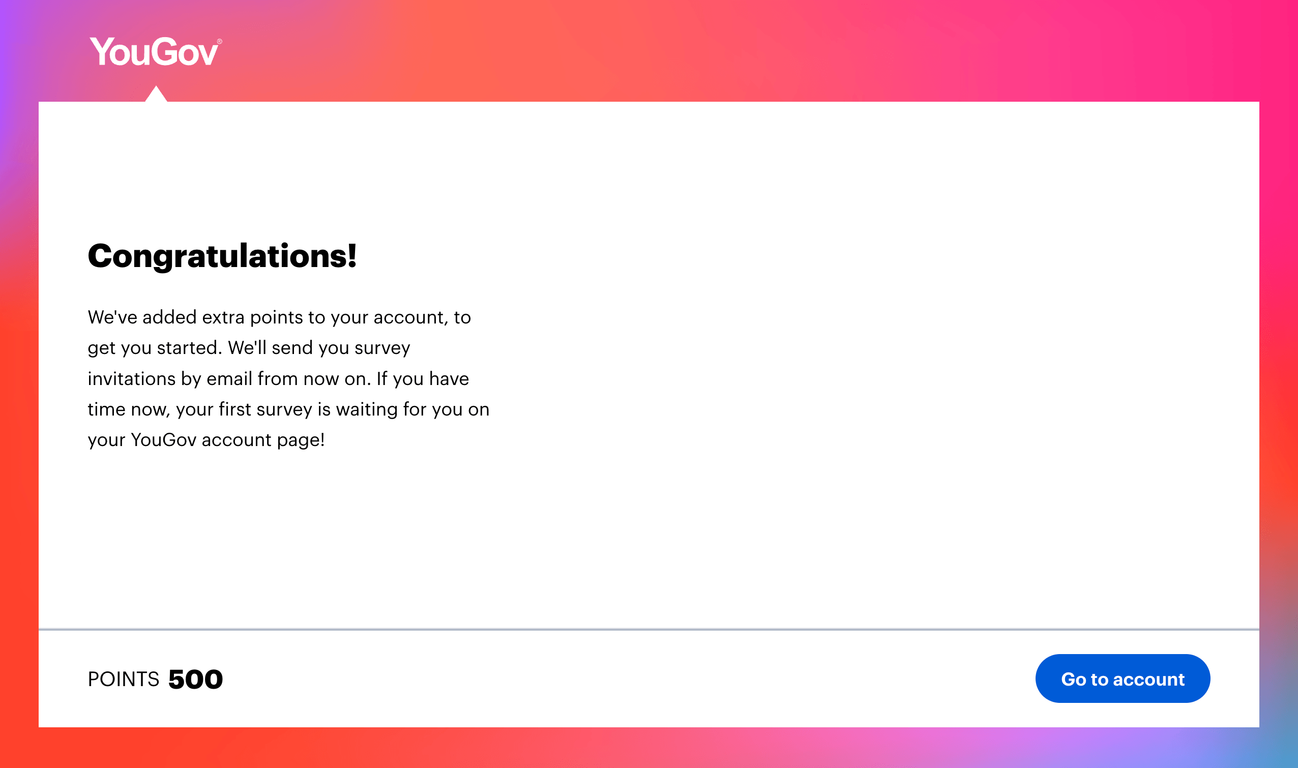 Screenshot of page telling someone congratulations for signing up for YouGov